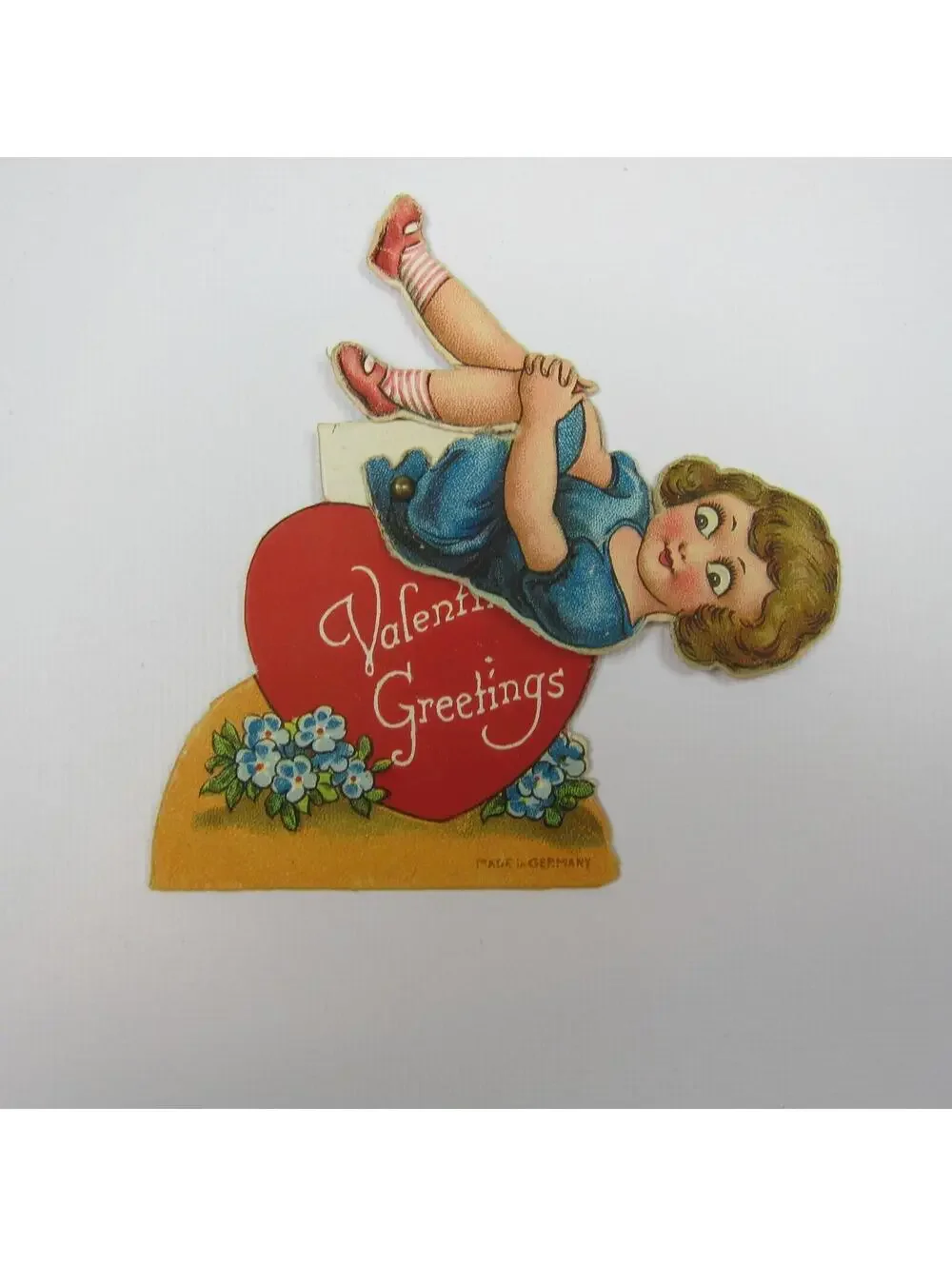 Vintage Valentine Card Mechanical Girl in Blue Dress Sits Red Heart Body Moves